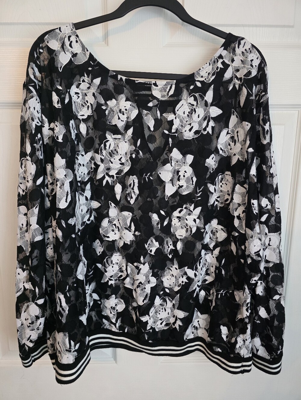 Baku Floral Lace Long Sleeve Blouse Black White Sporty Coquette 2X